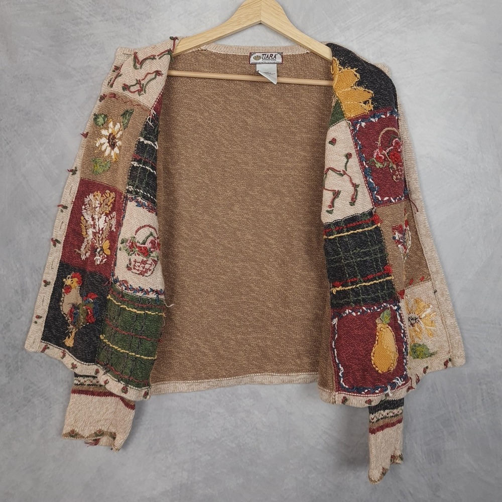 Handknit Country Cardigan Sweater Womens Large Farm Flower Rooster Sunflower - Picture 10 of 16